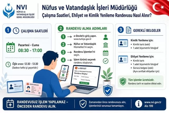 Nüfus ve Vatandaşlık İşleri Müdürlüğü Çalışma Saatleri, Ehliyet ve Kimlik Yenileme Randevusu Nasıl Alınır?
